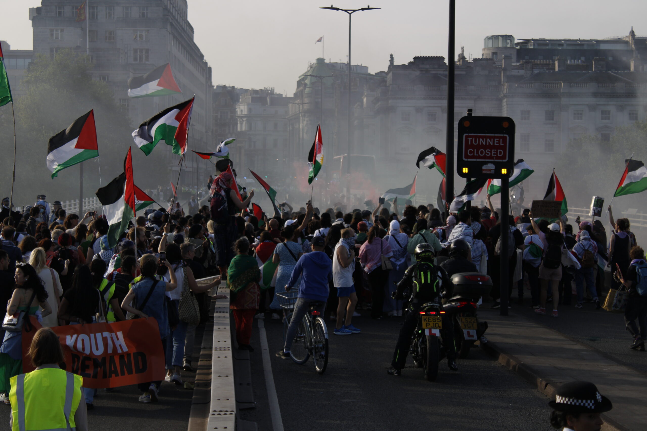 Youth Demand lead protestors to block Waterloo Bridge, 11 May 2024.